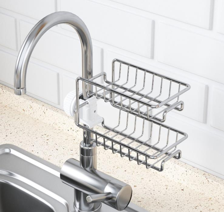 Stainless steel kitchen sink faucet rack/double layer sponge storage rack