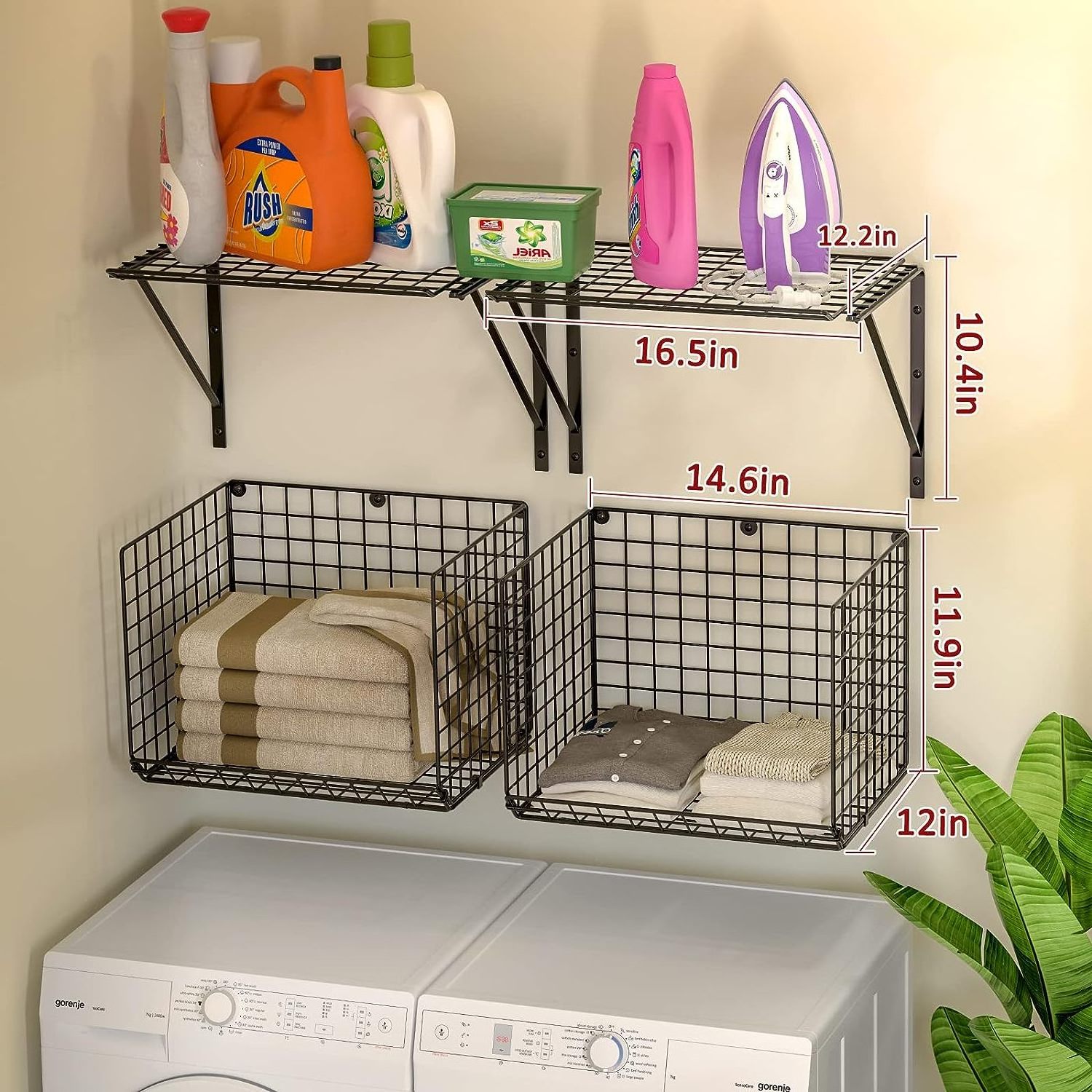 2 Pack Laundry Room Shelves Wall Mounted with Wire Baskets Wire Shelves Baskets for Laundry Closet Organization and Storage