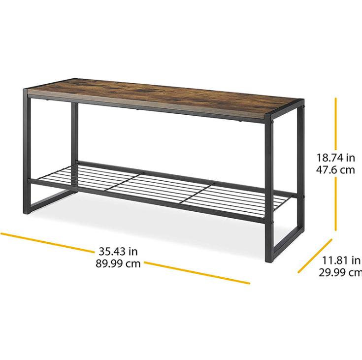 Metal Industrial Rustic Brown Shoe Bench, Shoe Rack with 2 Mesh Shelves, Shoe Storage Organizer for Entryway Hall