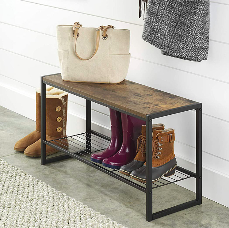 Metal Industrial Rustic Brown Shoe Bench, Shoe Rack with 2 Mesh Shelves, Shoe Storage Organizer for Entryway Hall