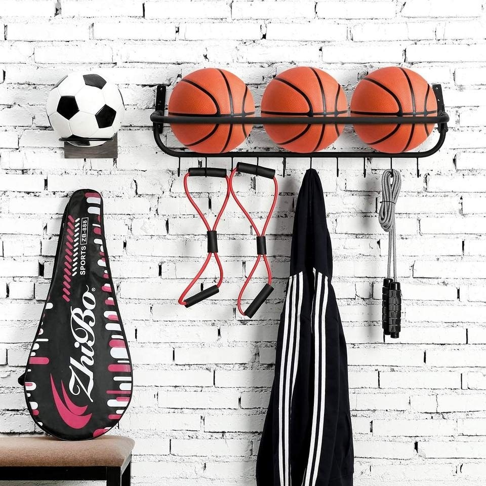 Ball Storage Organizer for Basketball with Hooks Wall Mount Ball for Garage Sports Equipment Storage Rack