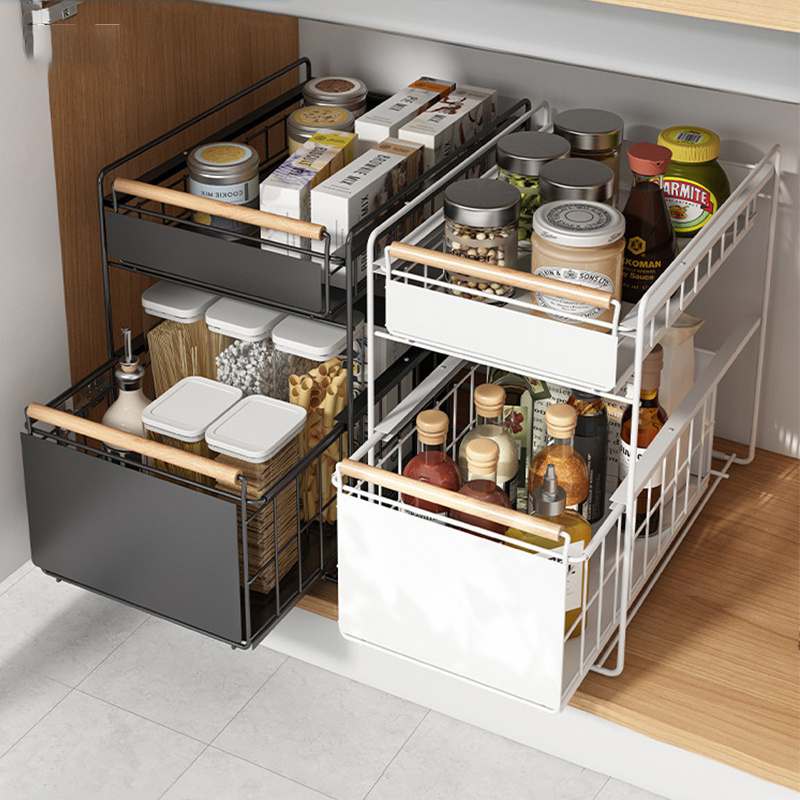 NEW DESIGN space saving Double Sliding Drawer plate Storage rack Under Sink Cabinet Kitchen Organizer Kitchen Storage Drawer Bas