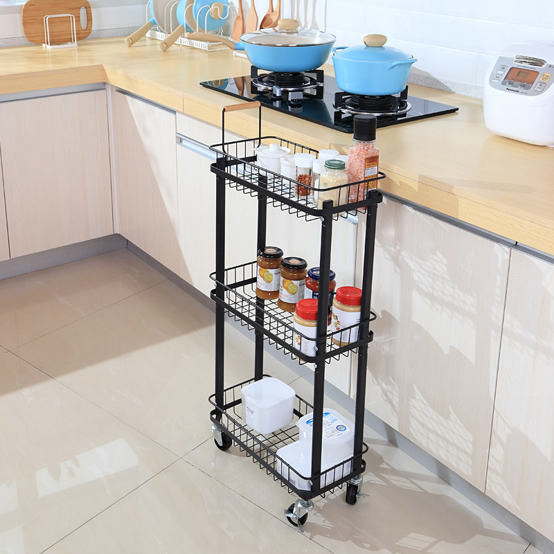 High quality 4 tier kitchen cart wrought iron folding metal basketsblack rolling wheel rack Laundry trolley shelf