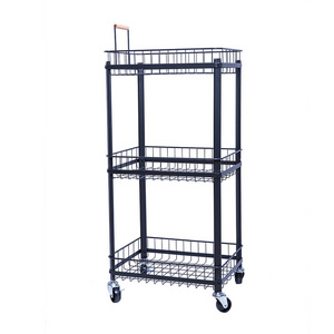 High quality 4 tier kitchen cart wrought iron folding metal basketsblack rolling wheel rack Laundry trolley shelf