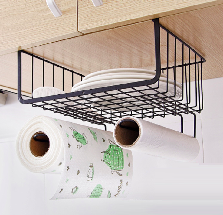 Kitchen cabinet hanging basket/ nail-free space saving metal wire under shelf organizer rack