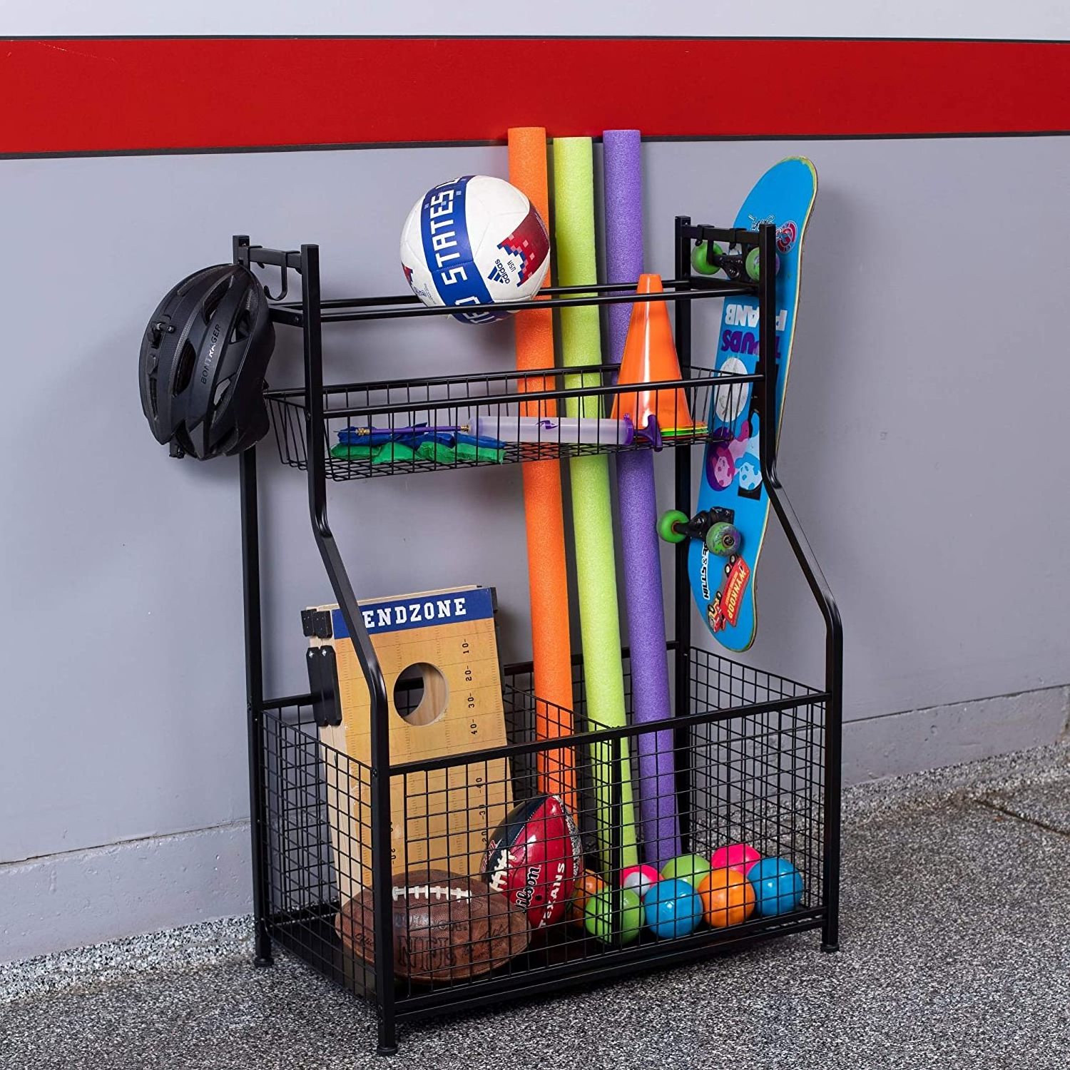 Rotating Ball Display Racks Sport Garage Sports Equipment Storage Organizer with Baskets and Hooks