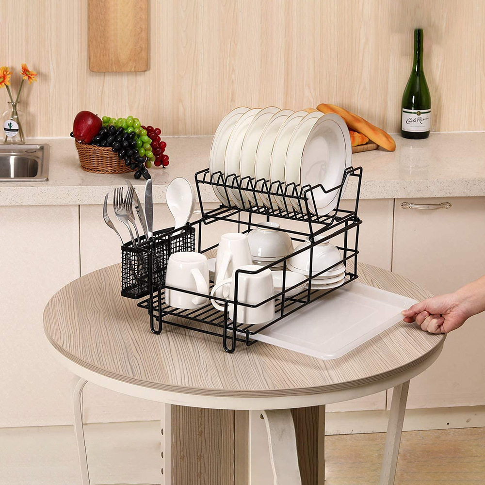 Latest hot selling with drawer tray double kitchen dish rack cutlery drainer rack stainless steel dish drainer drying rack