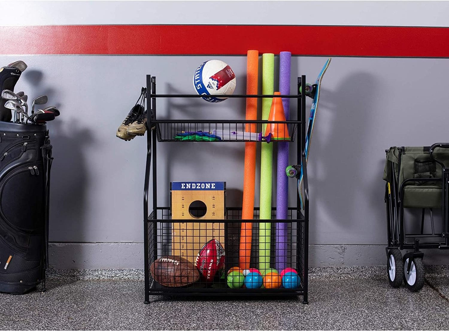 Rotating Ball Display Racks Sport Garage Sports Equipment Storage Organizer with Baskets and Hooks