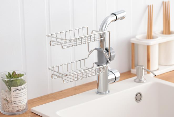 Stainless steel kitchen sink faucet rack/double layer sponge storage rack