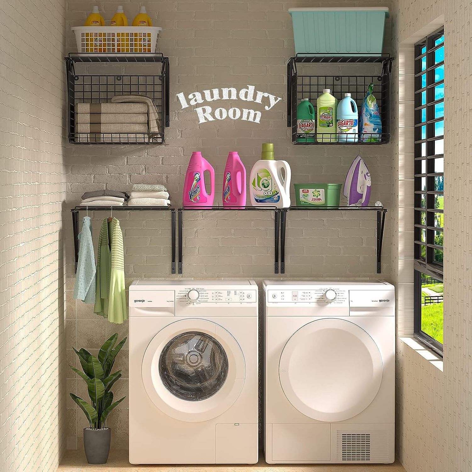 2 Pack Laundry Room Shelves Wall Mounted with Wire Baskets Wire Shelves Baskets for Laundry Closet Organization and Storage