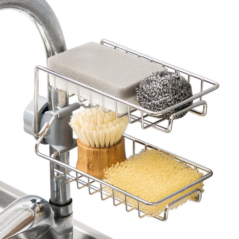 Stainless steel kitchen sink faucet rack/double layer sponge storage rack