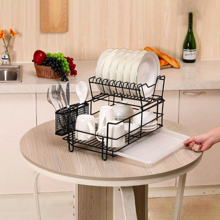 Latest hot selling with drawer tray double kitchen dish rack cutlery drainer rack stainless steel dish drainer drying rack