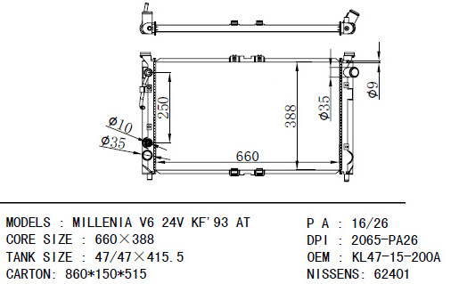DPI 2065-PA26 OEM KL47-15-200A FOR MAZDA MILLENIA V6 24V KF'93 AT Auto car aluminum radiator china manufacturer VICCSAUTO