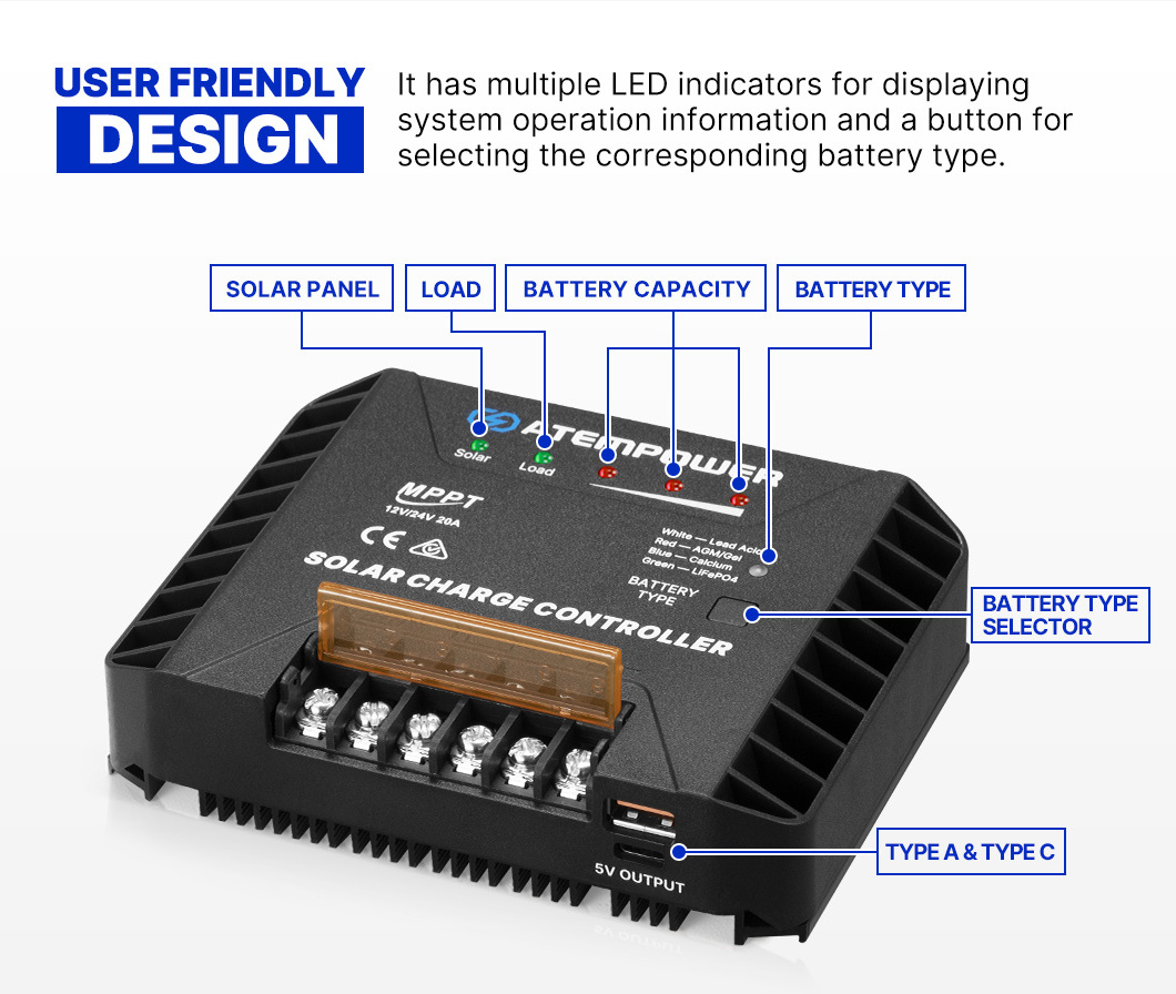 ATEM POWER 12V 24V 20A MPPT Controller Camping Solar Charge MPPT Controller