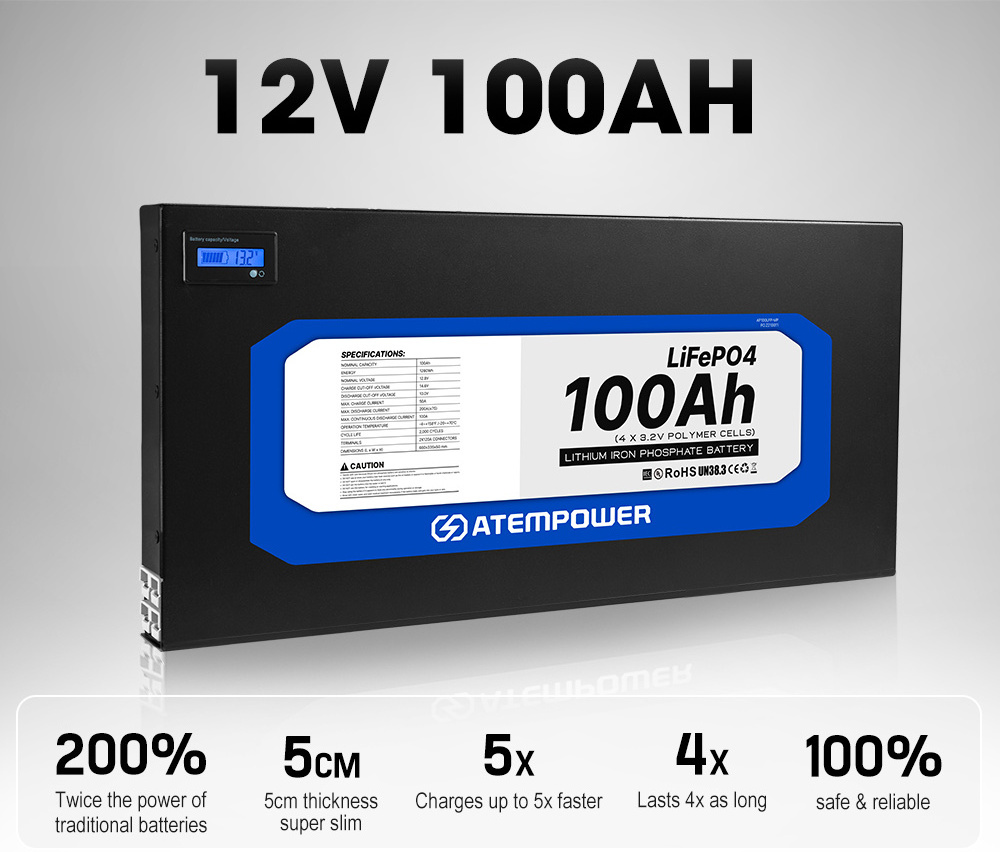 ATEM POWER Deep Cycle 5cm Thick 12v 100ah Slimline Lifepo4 Lithium Ion Battery for RV Marine Camping