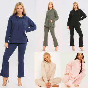 Wholesale Breathable Women's 2 Pcs Flare Track Suits Bottom Split Top Set Ladies Ribbed Hooded Loungewear Tracksuit