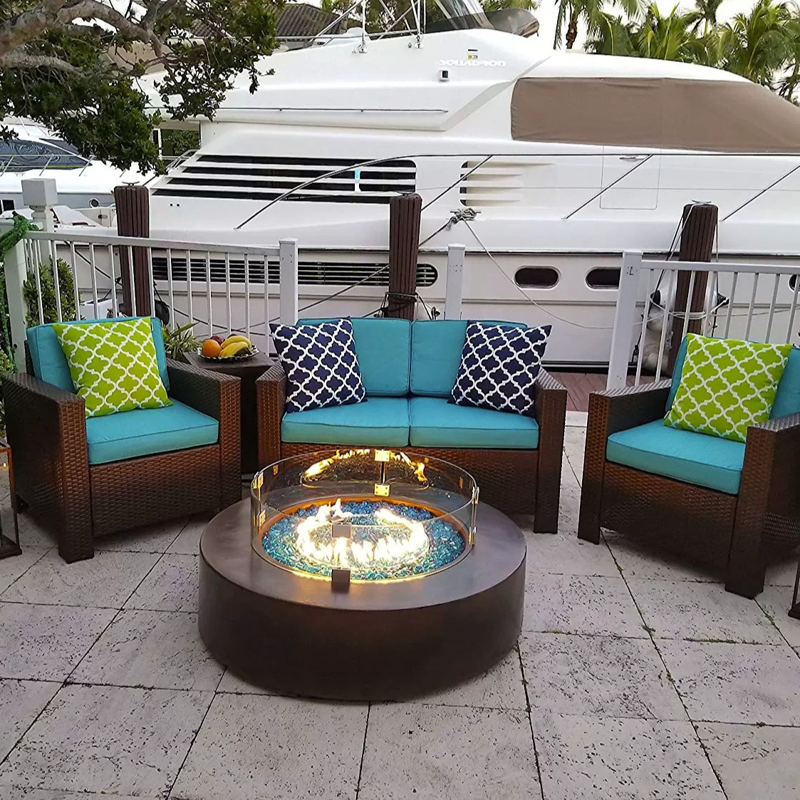 round concrete outdoor propane gas fire pit table