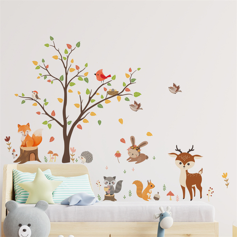 Cartoon Animal Fox Deer Squirrel Elephant Tree Kids Room Decals PVC Self Adhesive Wall Stickers for Children's Decoration