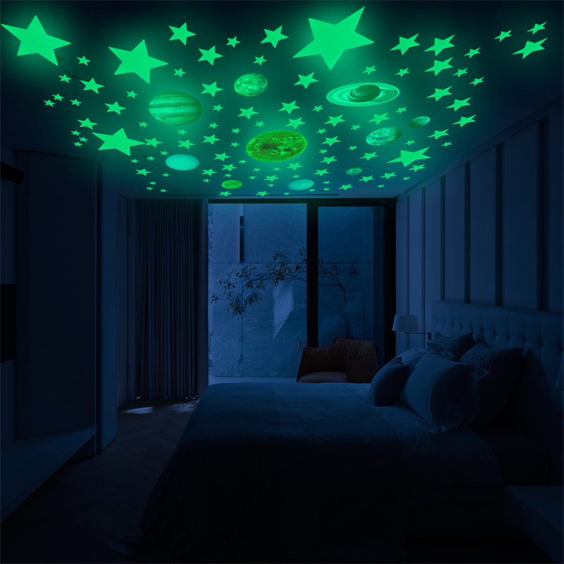 Colored Box Nightlight Solar System Nine Planets Stars Meteor Glow Wall Stickers Children's Room Decorative Fluorescent Sticker