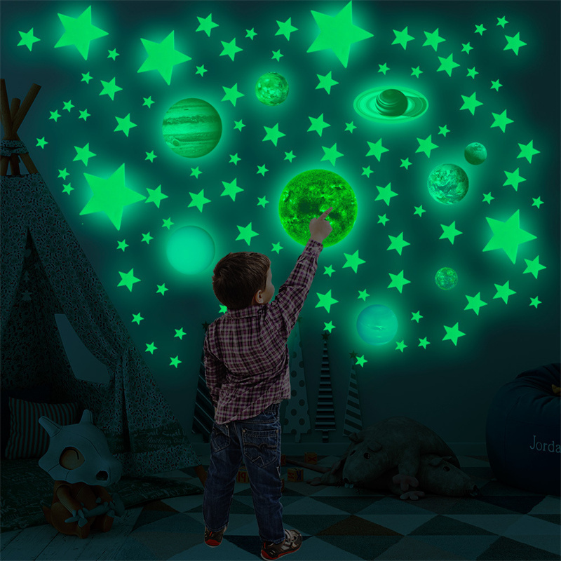 Colored Box Nightlight Solar System Nine Planets Stars Meteor Glow Wall Stickers Children's Room Decorative Fluorescent Sticker