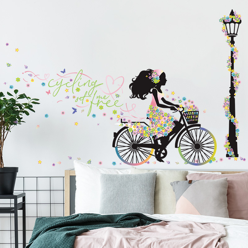 Cartoon Fairy Floral Girl with Umbrella Wall Stickers for Bedroom Children Room Decals Colorful Flowers PVC