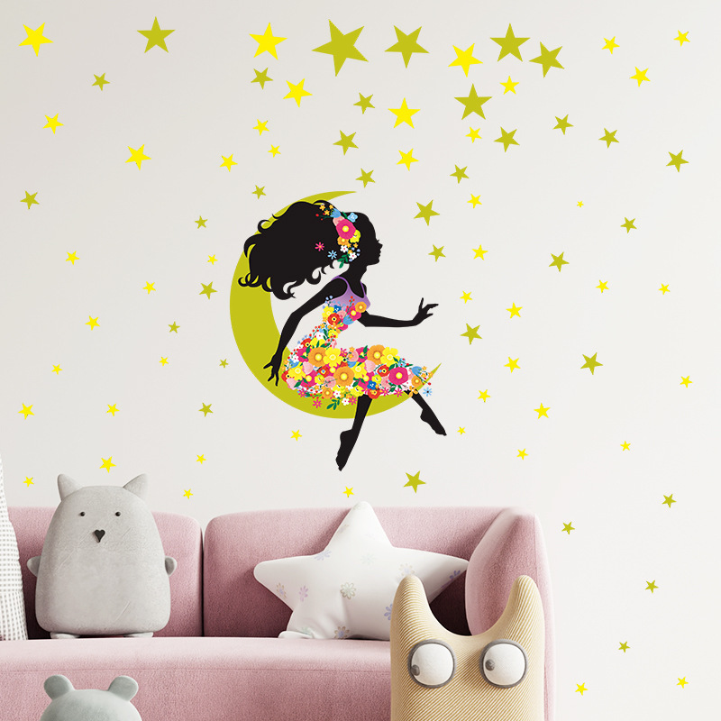 Cartoon Fairy Floral Girl with Umbrella Wall Stickers for Bedroom Children Room Decals Colorful Flowers PVC