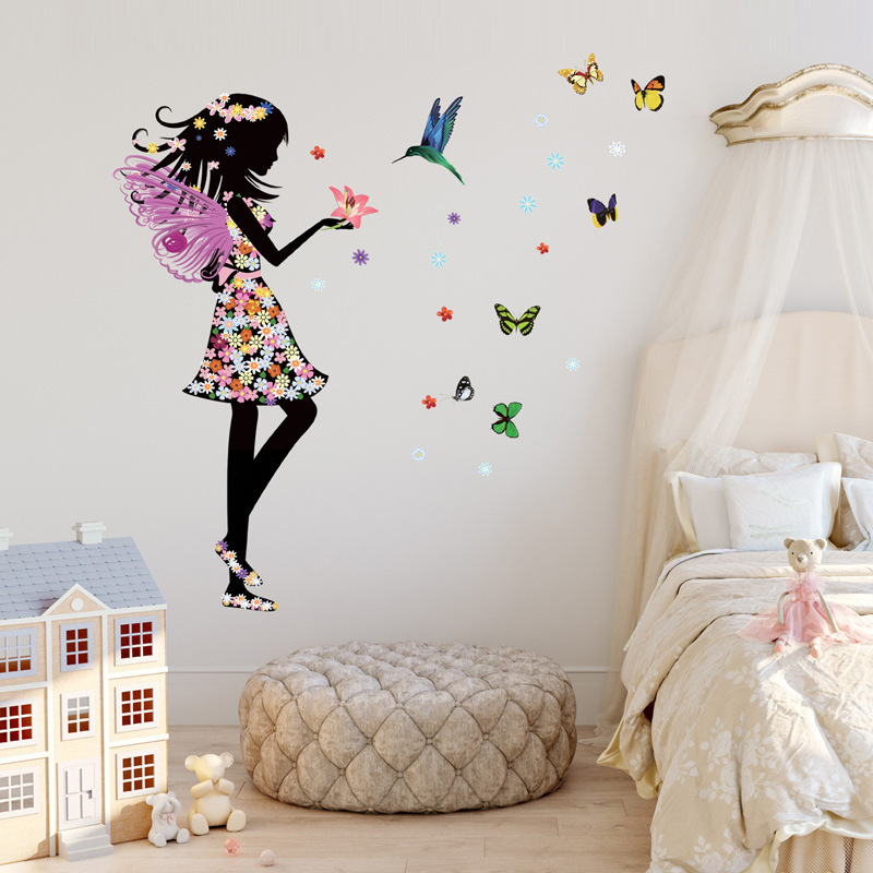 Cartoon Fairy Floral Girl with Umbrella Wall Stickers for Bedroom Children Room Decals Colorful Flowers PVC