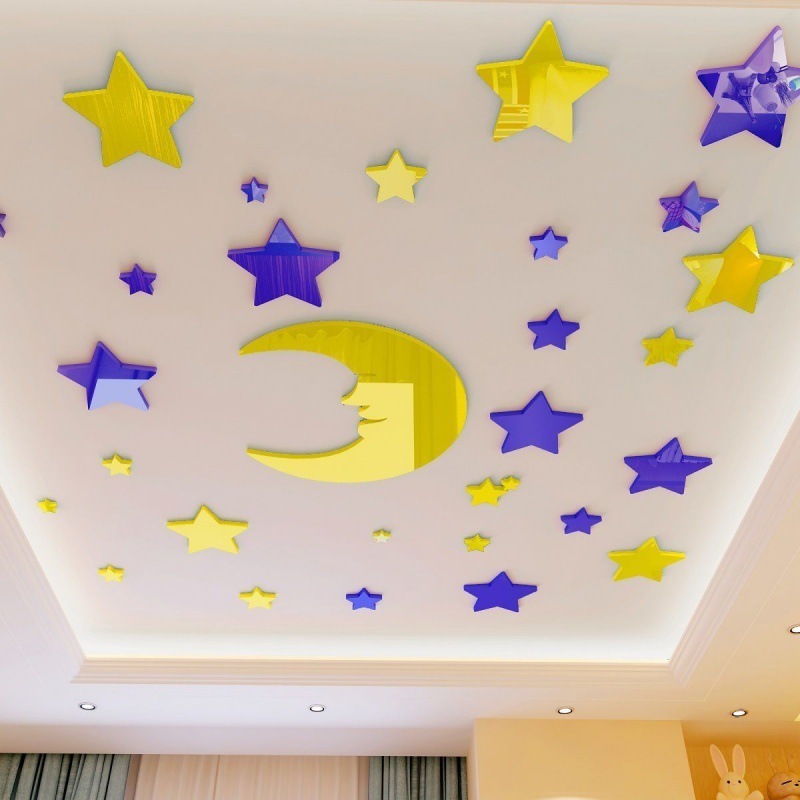 3D DIY star moon Mirror Wall Sticker Home Decoration Decal For Bedroom Living Room paper Mural