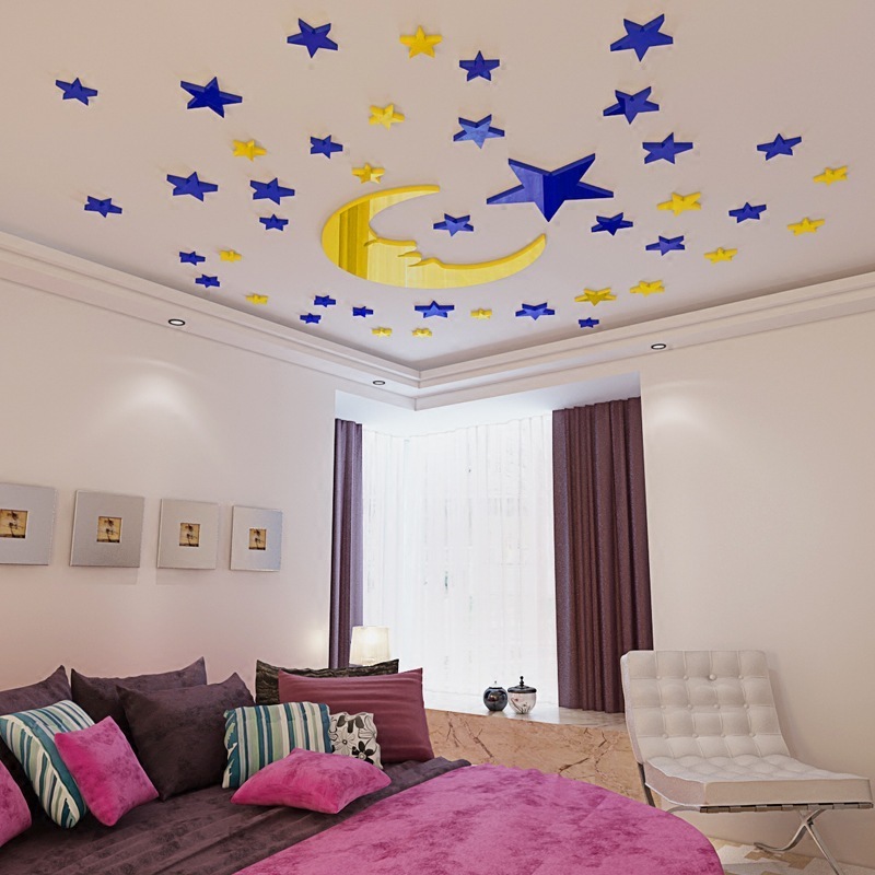 3D DIY star moon Mirror Wall Sticker Home Decoration Decal For Bedroom Living Room paper Mural