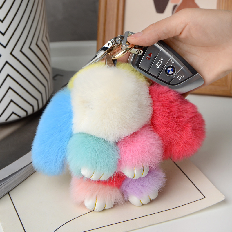 18cm Bunny Doll Keychain Soft Cute Faux Fur Pom Fluffy Plush Pendant KeyChain Car keyring bunny pompom fluffy keychain