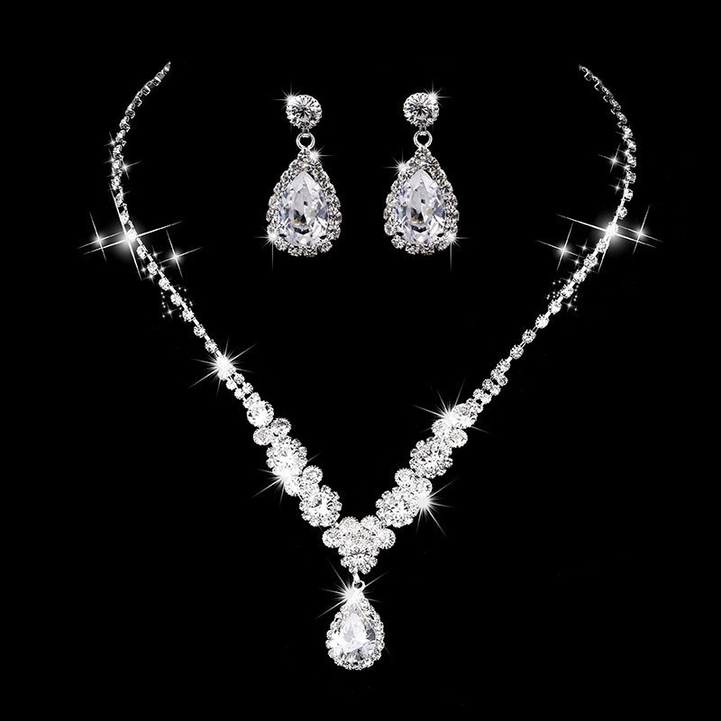 Fashion light luxury zircon necklace earrings set bride wedding yarn evening dress accessories dinner party