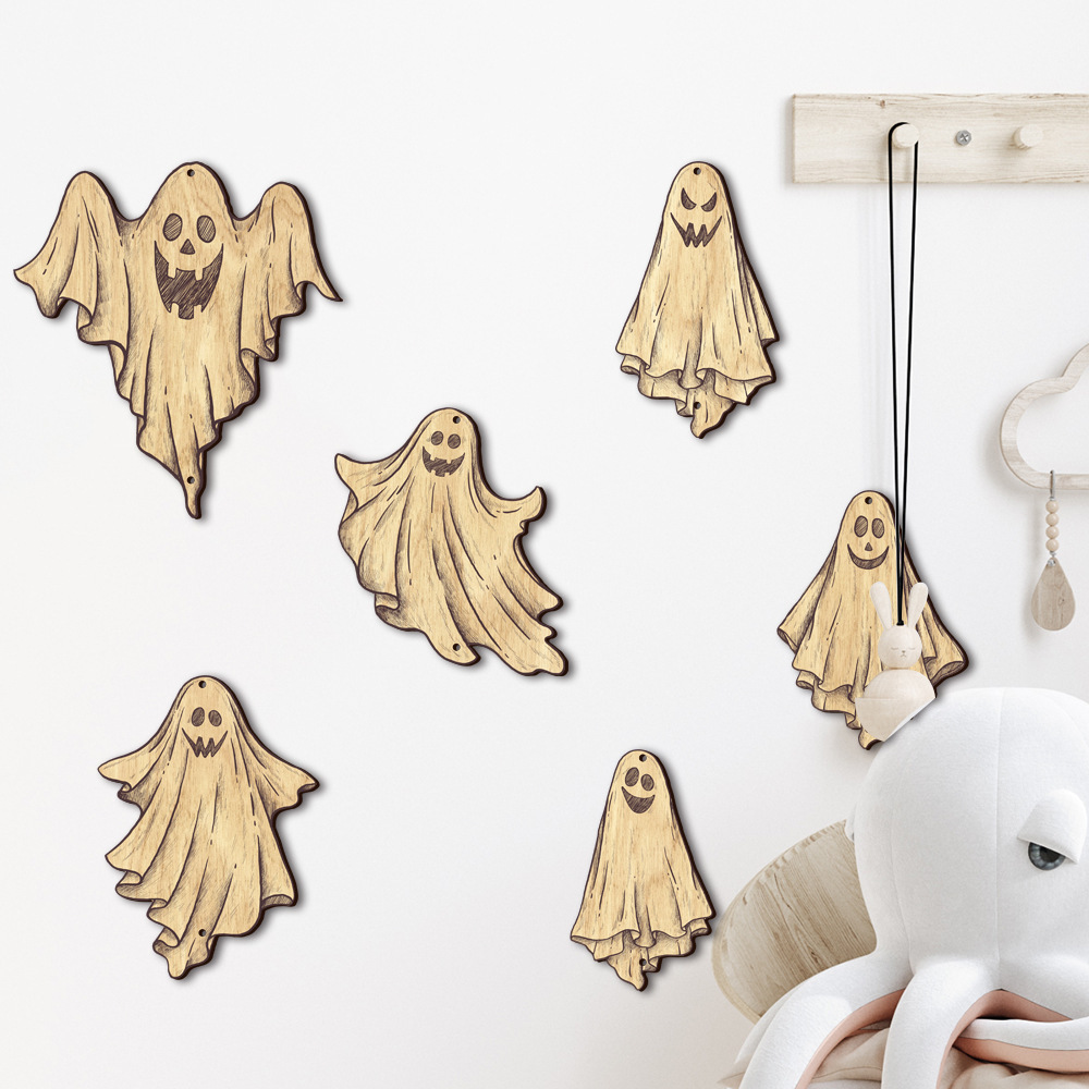 lvfan MZ078 Cross Border three-dimensional Halloween Ghost wooden pendant Holiday party porch wall hanging decoration