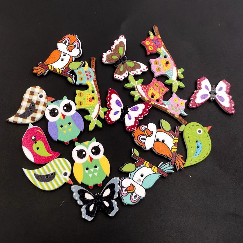 Owl birds and other painted mixed animal wood buttons DIY children's hand-decorated button 50