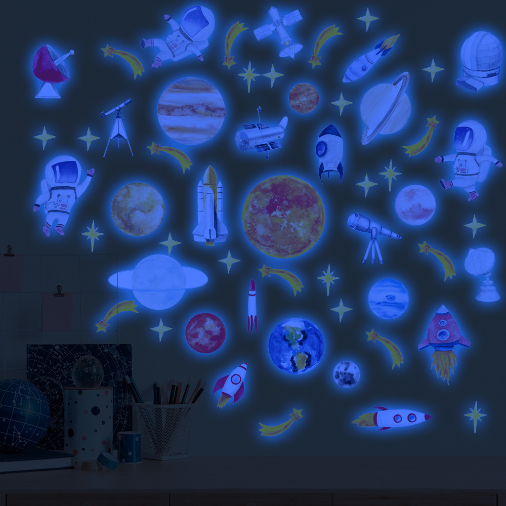 lvfan YGP030 Blue Light Astronaut Solar System rocket planet cartoon fluorescent sticker children's room self-adhesive wall stic