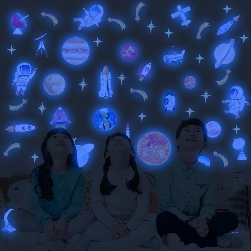 lvfan YGP030 Blue Light Astronaut Solar System rocket planet cartoon fluorescent sticker children's room self-adhesive wall stic