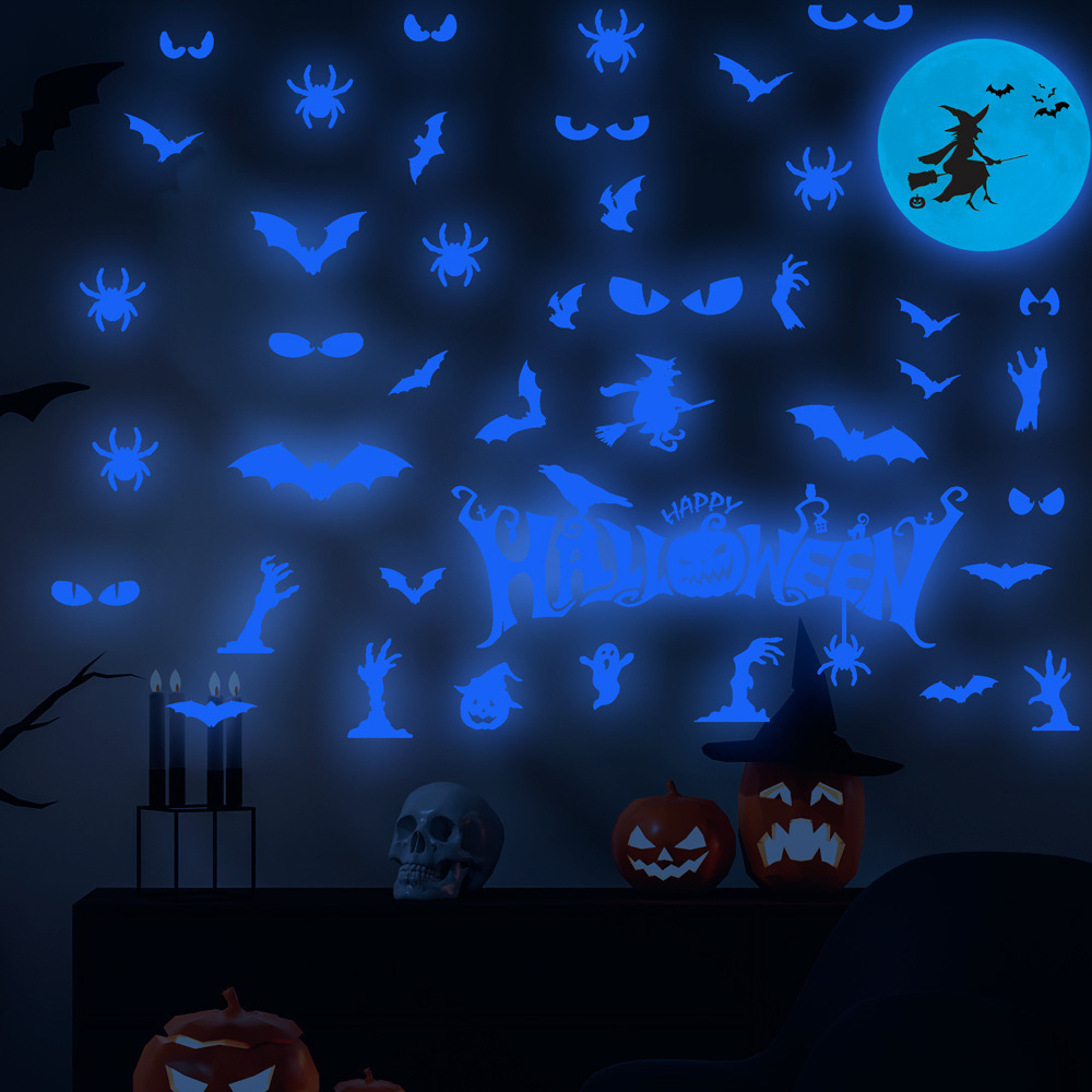 Glow-in-the-dark bat witch ghost hand spider Ghost Moon combination self-adhesive fluorescent wall stickers