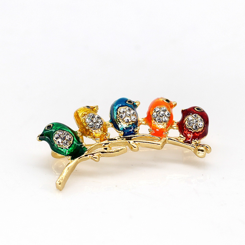 Fashion drop oil enamel sexy five bird branches colorful brooch personality silk scarf accessories wholesale