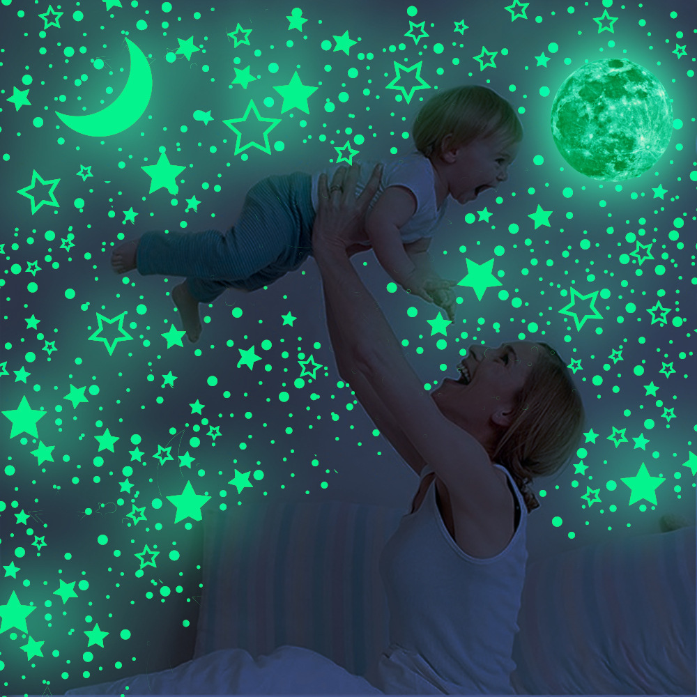 lvfan 30cm luminous polka dot Hollow star Moon cartoon fluorescent sticker children's room self-adhesive waterproof wall st