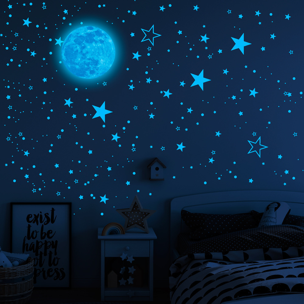 lvfan 1049pcs Green glow-in-the-dark Luminescent Moon stars dot fluorescent stickers self-adhesive cartoon wall