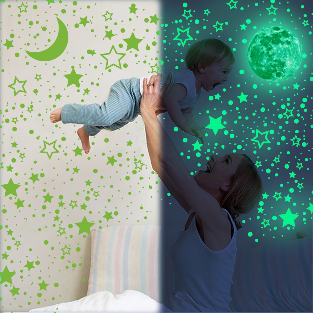 lvfan 30cm luminous polka dot Hollow star Moon cartoon fluorescent sticker children's room self-adhesive waterproof wall st