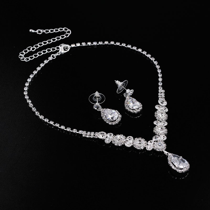 Fashion light luxury zircon necklace earrings set bride wedding yarn evening dress accessories dinner party