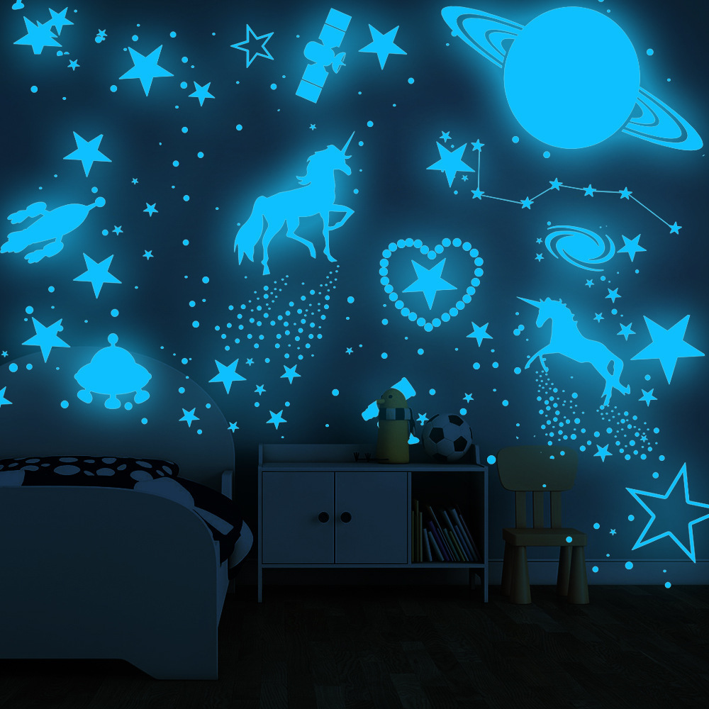 lvfan 898pcs combination Blue Luminescent Star polka dot Spaceship fluorescent wall sticker