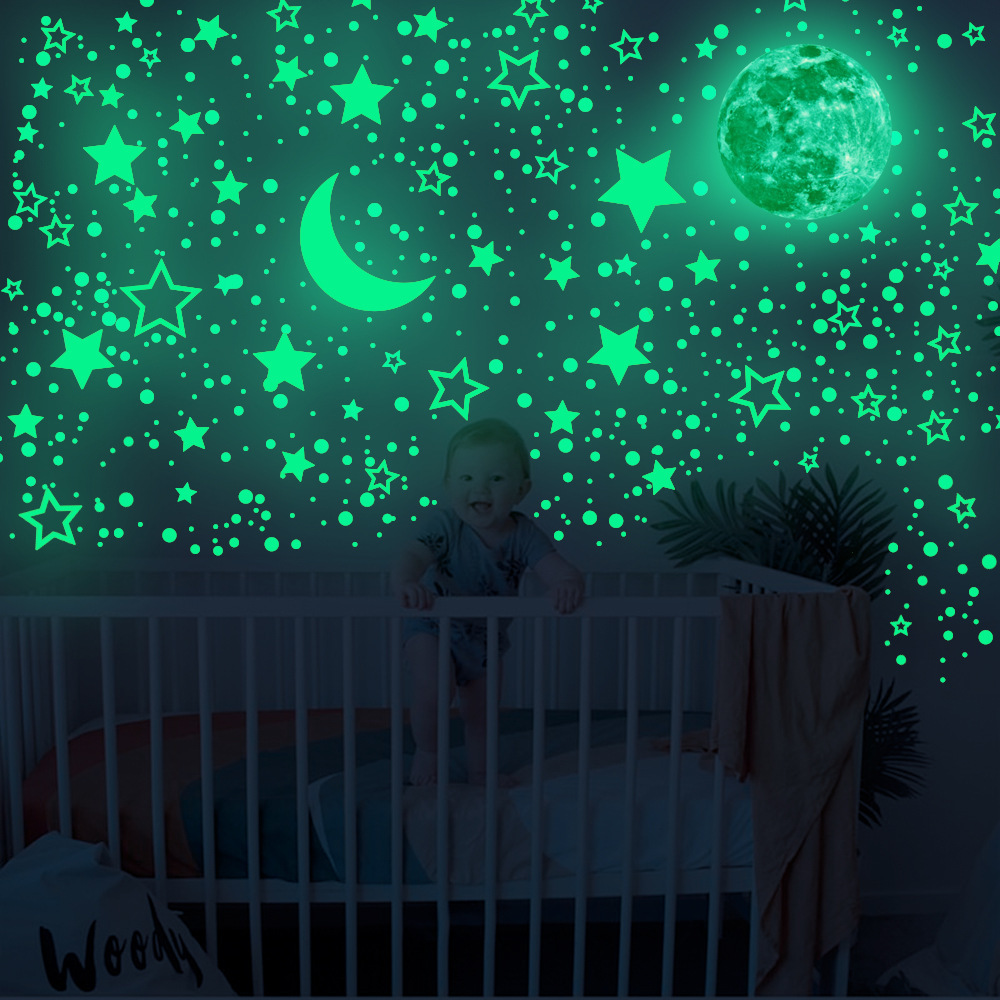 lvfan 30cm luminous polka dot Hollow star Moon cartoon fluorescent sticker children's room self-adhesive waterproof wall st