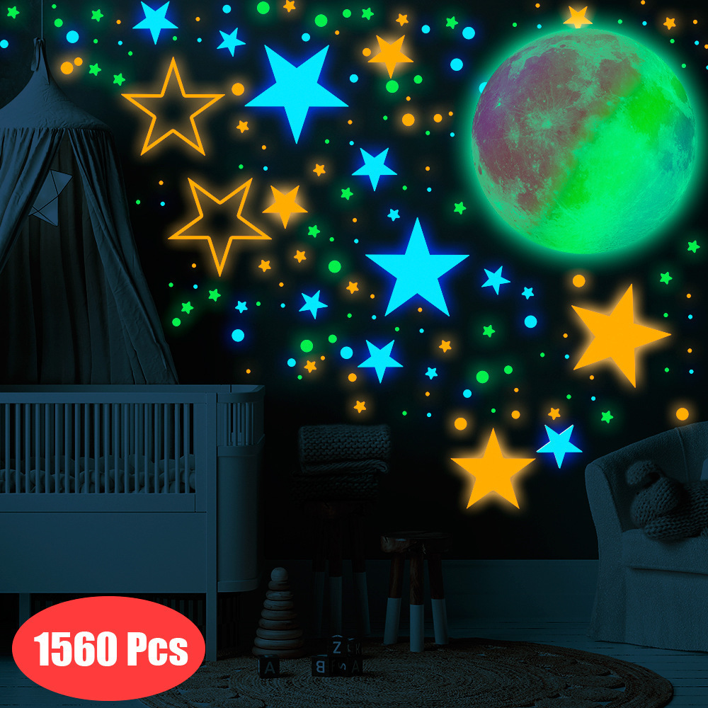 lvfan selling color star polka dot Moon fluorescent paste DIY self-adhesive luminous wall sticker 1560pcs