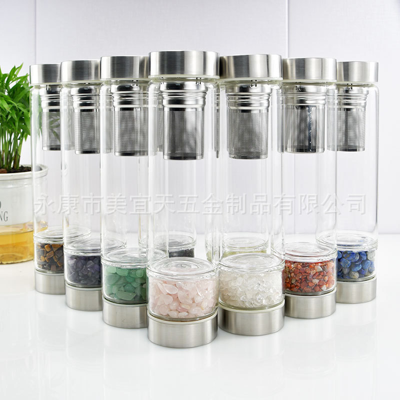 PINZI 2404 Natural Gravel Energy Water Bottle Quartz Glass Crystal Layered Degaussing Wholesale Bubble Tea Cup