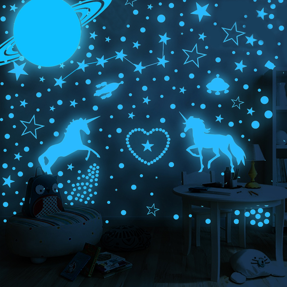 lvfan 898pcs combination Blue Luminescent Star polka dot Spaceship fluorescent wall sticker