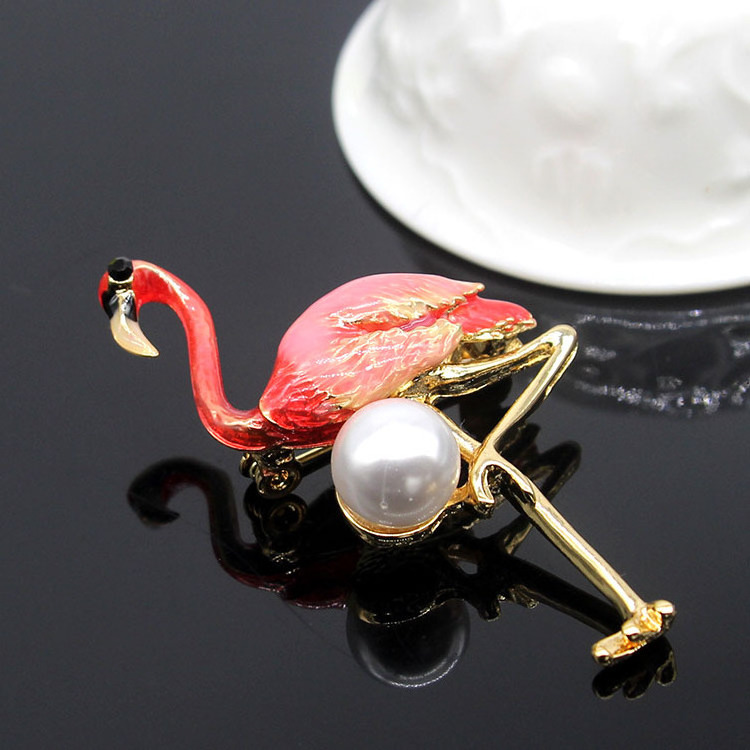 Fashion Drop Oil Brooch Women high-grade pearl enamel Flamingos garment pin animal corsage wholesale