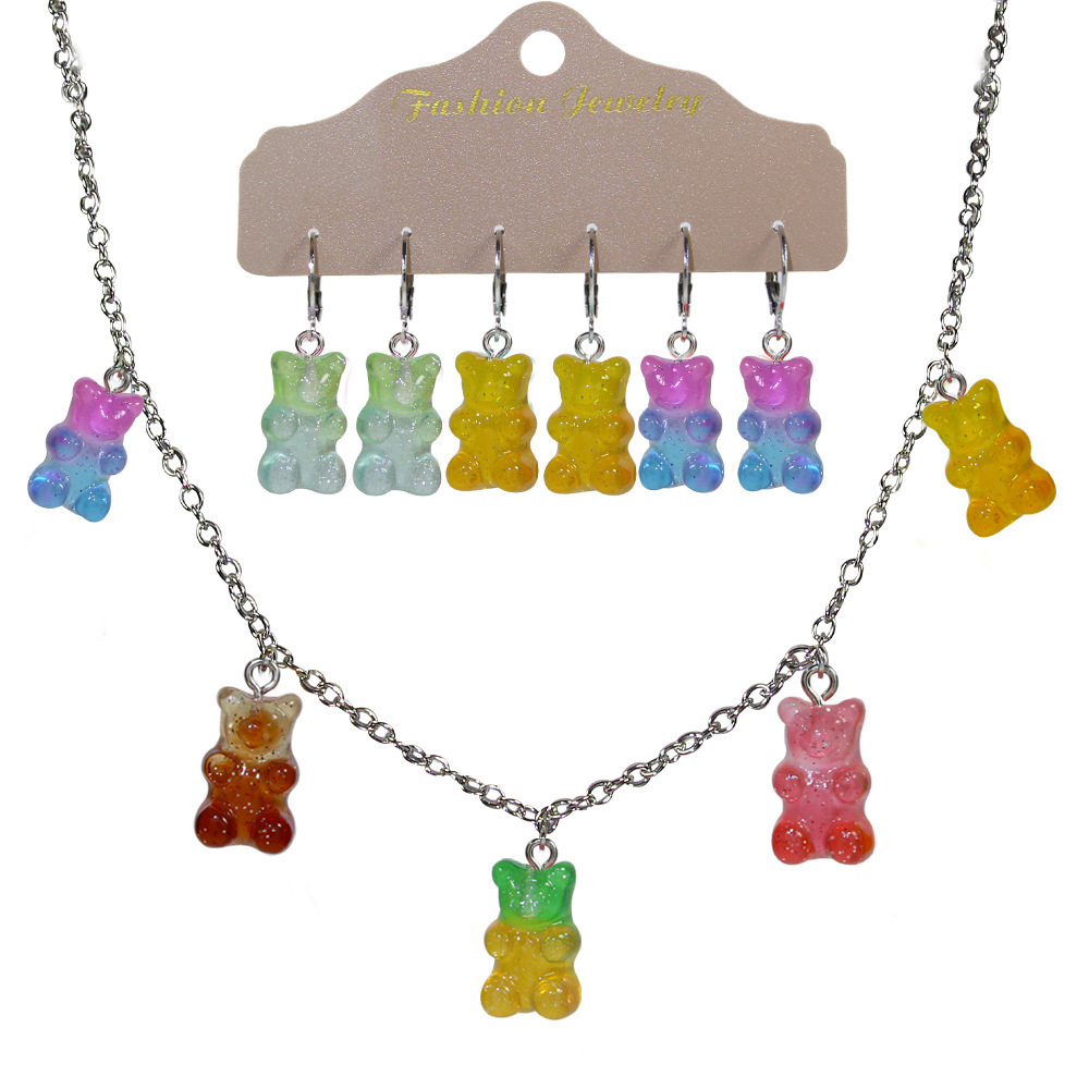 Fashion accessories Candy color Bear necklace set cute girl earrings personality simple