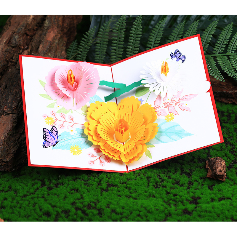 XINDUO color printing 3d three-dimensional flowers hollow paper carving greeting card folding pop-up flower class universal bles