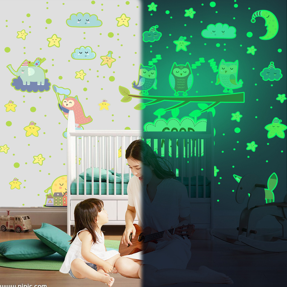 lvfan YGP015 Glow-in-the-dark Owl Tree branches Star polka dots on children's room self-adhesive cartoon fluorescent wall sticke